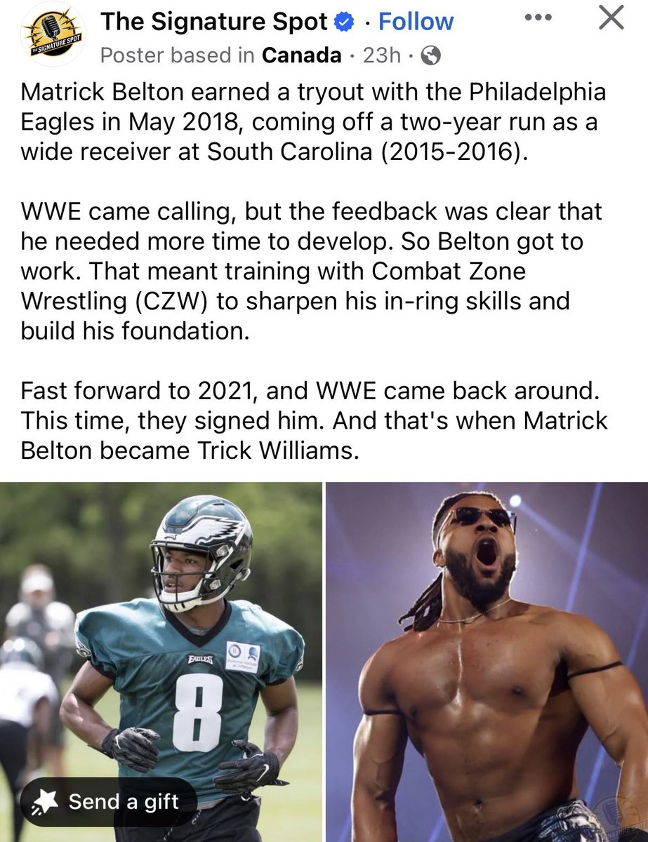 PhilaFanCentral's tweet image. For all you WWE fans out there…

Did you know Trick Williams (Matrick Belton) was with the Eagles for a minicamp in 2018?

Pretty wild. 

(@SignatureSpot)