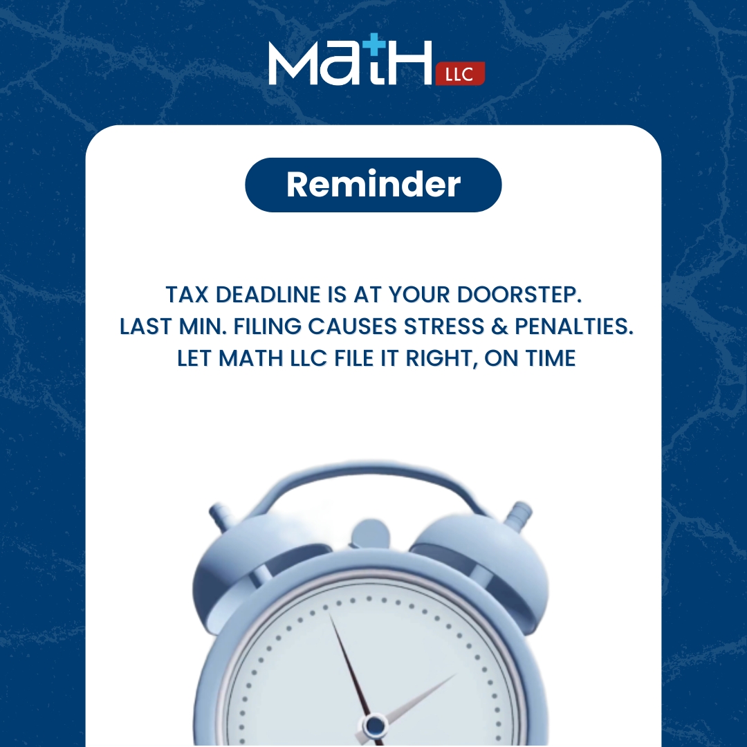 math_llc's tweet image. Tax deadline is closer than you think.
Last-minute filing brings stress and penalties—Math LLC makes sure your taxes are filed right and on time.
#MathLLC #TaxDeadline #TaxFilingReminder #TaxSeasonAlert #USTaxServices #FileTaxesOnTime #TaxCompliance #BusinessTaxes #math_llc