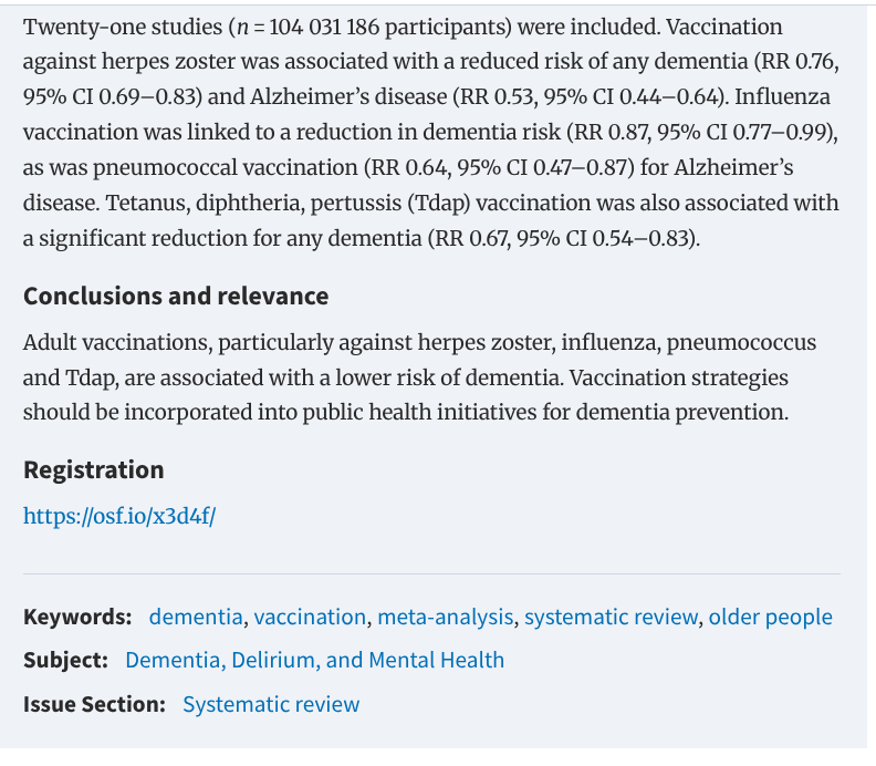ToKnowOrNot's tweet image. Reint fantaseert weer eens. 

Recent onderzoek laat zien dat "Adult vaccinations ... are associated with a lower risk of dementia."
academic.oup.com/ageing/article…

Reint, waarom negeer je keer op keer de feiten?
Last van confirmation bias?
Kun je geen feiten onthouden?