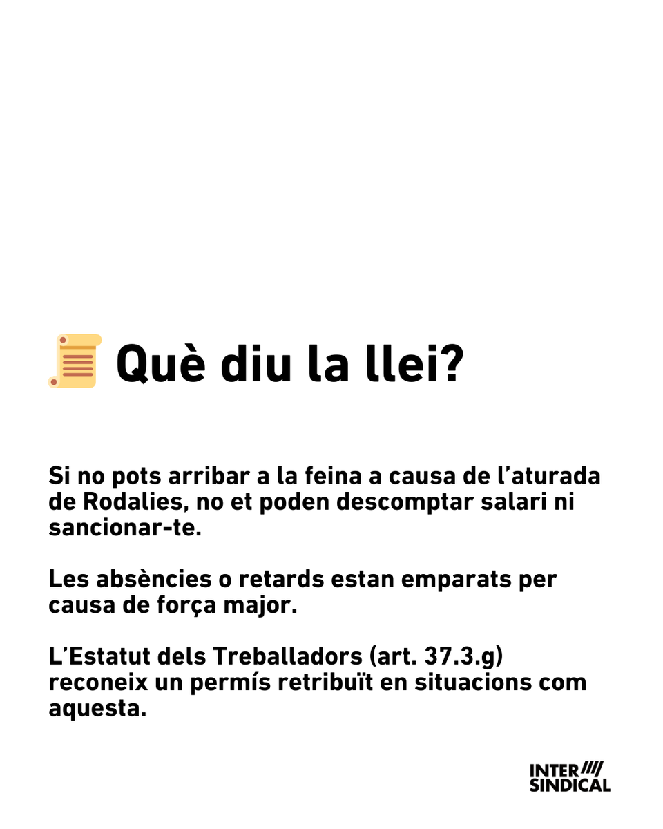 ？SABIES QUE...
🚆❗ Els teus drets davant l’aturada de Rodalies
Si no pots arribar a la feina per l’aturada del servei, no et poden descomptar salari ni sancionar-te. Les absències o retards estan emparats per força major. ⚖️
🧵 Tota el que has de saber al fil 👇