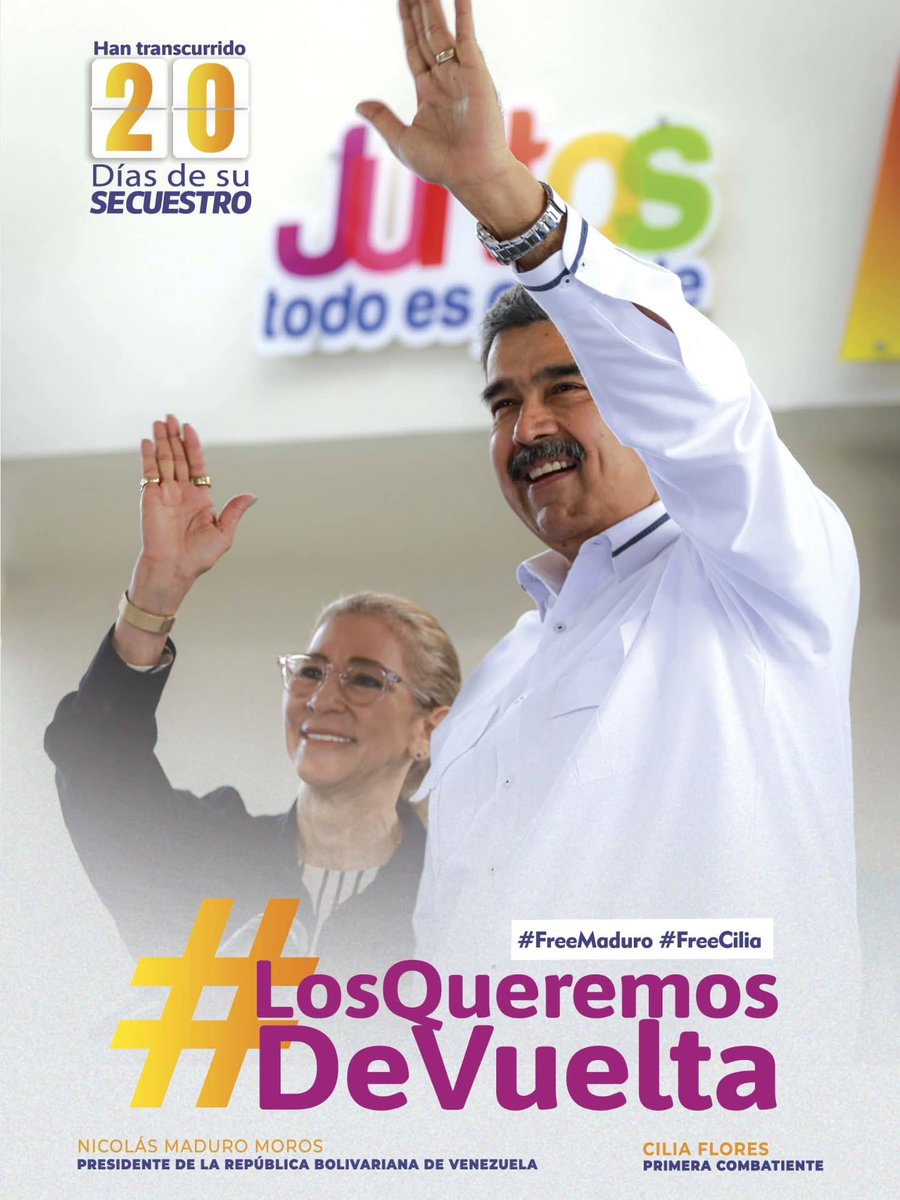 Se cumplen 20 días desde que el Presidente <a href="/NicolasMaduro/">Nicolás Maduro</a> y  <a href="/CiliaFlores/">Cilia Flores</a> fueron Secuestrados el pueblo Vzlano sigue firme unido y en batalla exigiendo su pronto regreso 🇻🇪

La Libertad no se Negocia

#LosQueremosDeVuelta #FreeMaduro #FreeCilia #LealtadAbsoluta #VenezuelaUnida