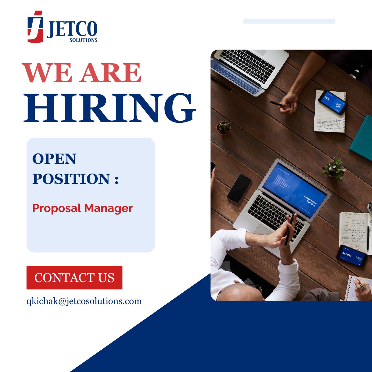 JetCoSolutions's tweet photo. We're hiring! Come join the JetCo Solutions team as our new Proposal Manager. We need your technical writing skills to help support our clients through the GovCon cycle.

https://t.co/FIjXuhKYbd https://t.co/lOfxrd7wSU