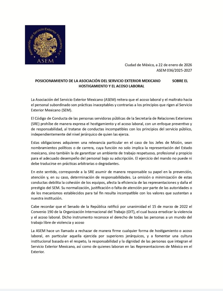 La ASEM reitera que el acoso laboral y el maltrato hacia el personal subordinado son prácticas inaceptables y contrarias al Código de Conducta de las personas servidoras públicas de la SRE, así como a los principios que rigen al Servicio Exterior Mexicano.