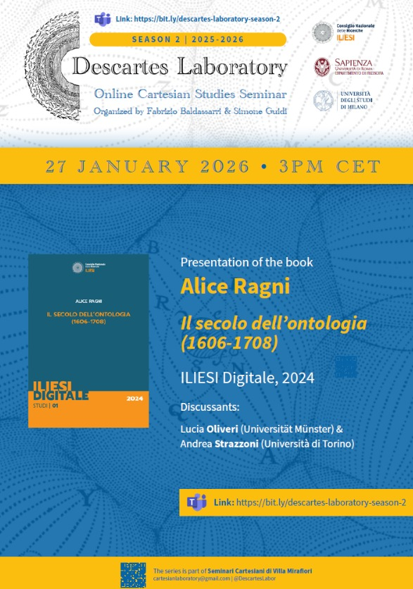 DescartesLabor's tweet photo. This event is on Tuesday, January 27th - at 3 pm (Italy time) - discussing ontology in Clauberg and the 17th century with Alice Ragni, Lucia Oliveri and Andrea Strazzoni (in English) #DescartesLab #17thcentury #histphilo #Cartesianism https://t.co/WwndTZureh