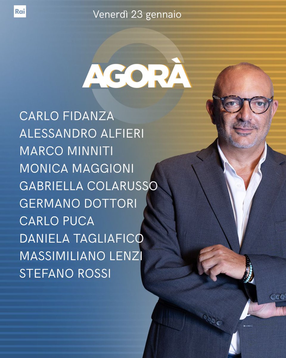 RaiTre's tweet image. Ecco gli ospiti di Roberto Inciocchi di venerdì 23 gennaio ad #AgoraRai.
Vi aspettiamo dalle 8.00 su #Rai3 e #RaiPlay.