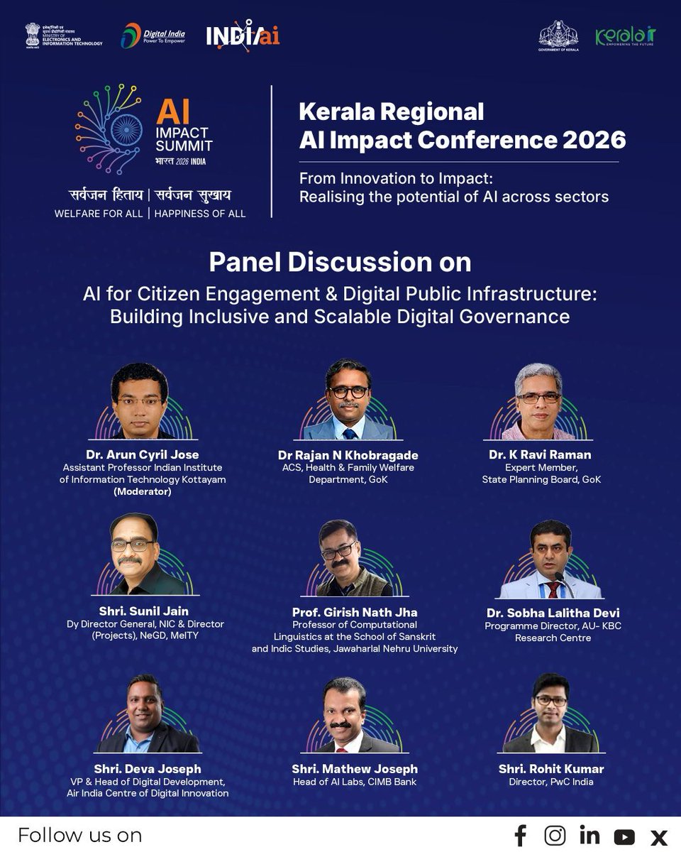OfficialINDIAai's tweet photo. As digital public infrastructure becomes central to governance, this panel at the Kerala Regional AI Impact Conference will explore how AI can strengthen citizen engagement while enabling inclusive, scalable digital systems. The focus will be on building frameworks that are accessible, responsive, and trusted.

#IndiaAIImpactSummit2026 #ResponsibleAI #PeoplePlanetProgress

@PMOIndia @AshwiniVaishnaw @jitinprasada @PIB_India @SecretaryMEITY @abhish18 @kavitabha @GoI_MeitY @_DigitalIndia @mygovindia @iprdkerala @RajanKhobragade @SunilJain_NIC @girishnjha @Matjoseph7