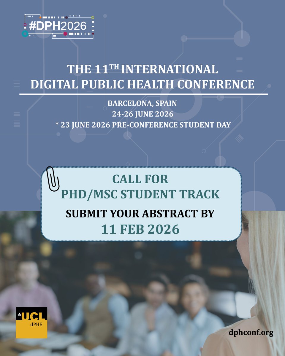 UCL_dPHE's tweet photo. 🎓 PhD & MSc students - your time to shine!
💡 Share your research
🤝 Connect with experts
🌍 Join the global #DigitalPublicHealth community
🧠 Deadline: 11 Feb 2026
🔗 https://t.co/LrYrR6z8DU
@PattyKostkova @RadicalHealthF
#DPH2026 #PhD #MastersStudent #DigitalHealth https://t.co/6Mzszc4Vw6