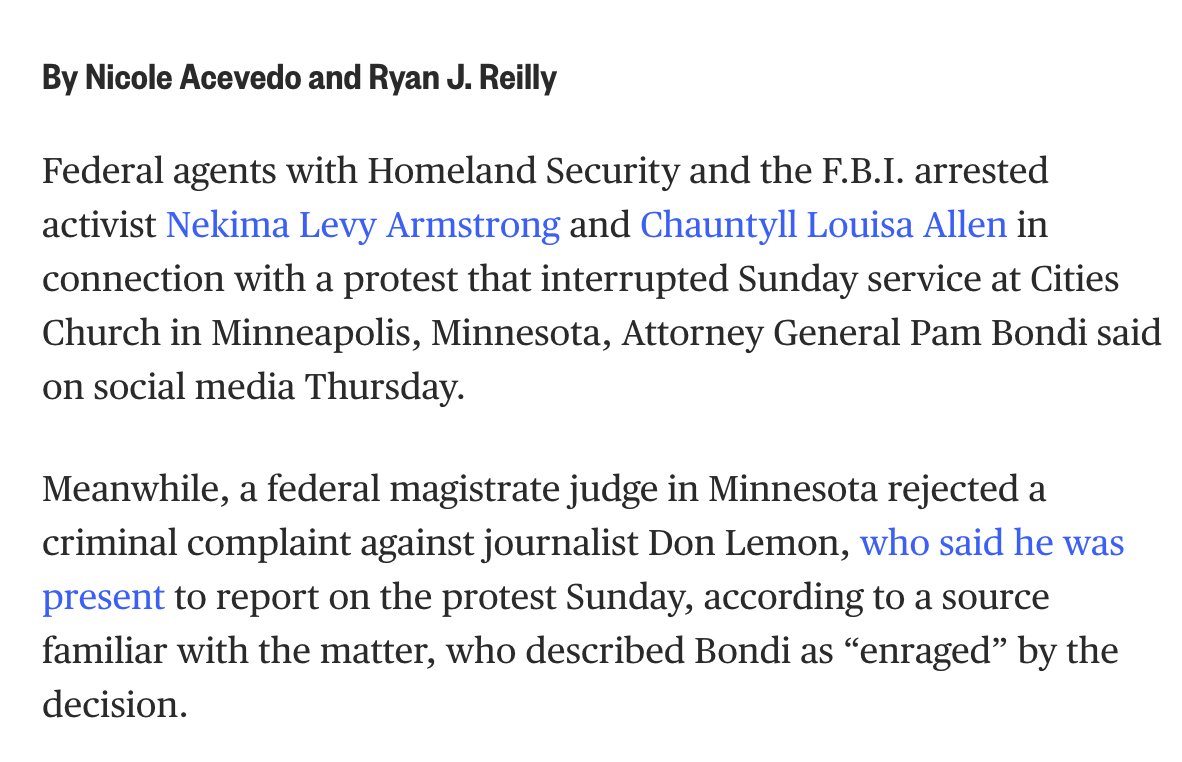 ryanjreilly's tweet image. NEW: A federal magistrate judge REJECTED a complaint against Don Lemon in connection with the Minneapolis church protest, finding it lacked probable cause. @AGPamBondi was "enraged" by the decision, a person familiar with the matter said.