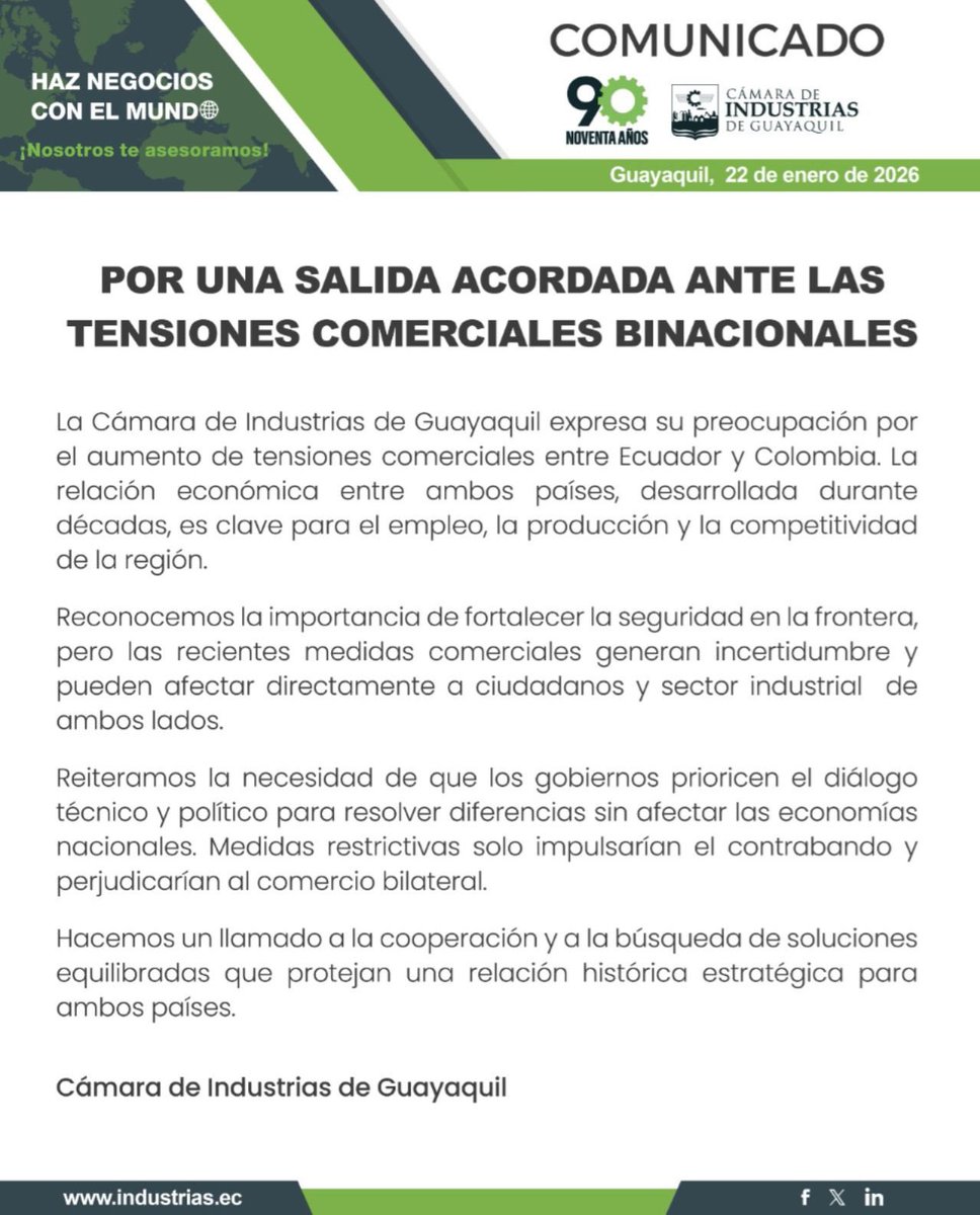 La Cámara de Industrias de Guayaquil hace un llamado a priorizar el diálogo y la cooperación ante las recientes tensiones comerciales entre Ecuador y Colombia.
El comercio binacional ha sido fundamental para el empleo, la producción y la competitividad de la región, por lo que