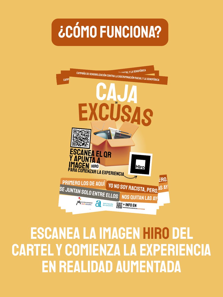 MancomunidadBS's tweet photo. 📣 #CajadeExcusas es una campaña que impulsamos desde la #MancomunidadBajoSegura para sensibilizar contra la discriminación racial y la xenofobia.

📲 Escanea el QR del último cartel y apunta a la imagen HIRO para comenzar.

#MBS #Convivencia #Respeto https://t.co/bWwy9kLsvj