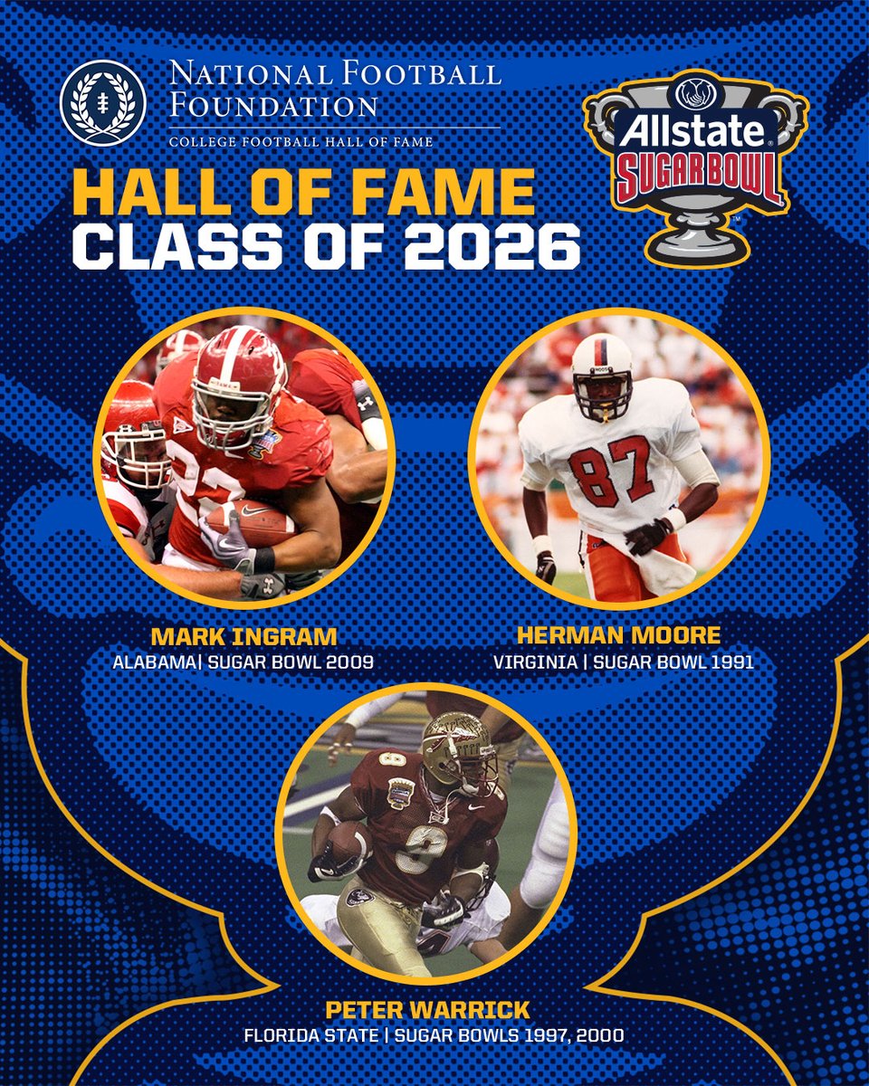 SugarBowlNola's tweet image. 🎉 Congratulations to three #SugarBowl legends who are among the 22 members of the 2026 College Football Hall of Fame Class!

Since 1935, the Sugar Bowl has featured 168 future College Football Hall of Famers, including 114 players and 55 coaches!
