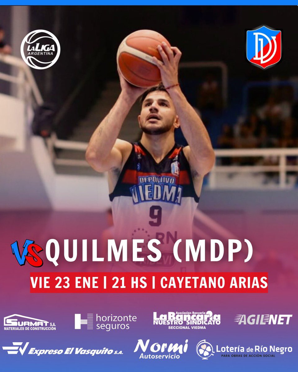 DepoViedmaOK's tweet image. #LaLigaArgentina 🏀 ¡MAÑANA J𝘂𝗲𝗴𝗮 𝗩𝗶𝗲𝗱𝗺𝗮! 💪

🏀 #LaLigaArgentina - Fecha 17
🗓️ Viernes 23 de enero
⏰ 21 hs
🆚 Quilmes de Mar del Plata
🏟️ Cayetano Arias
⏯️ Vivo por #Basquetpass
📊 App de la CABB

¡Todos al Poli! 🙌

¡Dale Viedma! 🖤💙❤️
