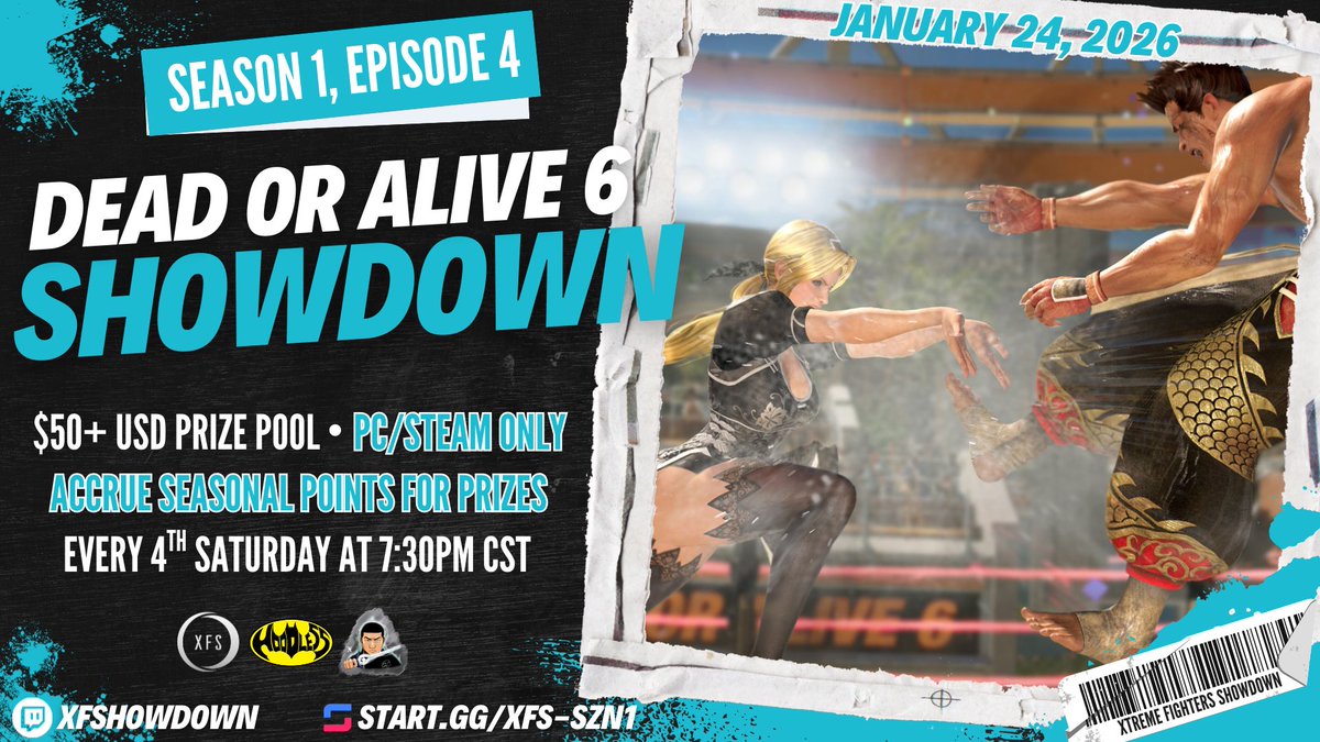 xfshowdown's tweet image. THIS WEEKEND, the collab w/ @ihoodless  &amp;amp; @LordXav1er is back for Season 1, Episode 4/6 of #DeadOrAlive 6!

📅Saturday, Jan. 24th @ 7:30PM CST

🔹$50+ USD @matcherino 
🔹Platform: PC/Steam Only
🔹Accrue seasonal points for prizes &amp;amp; leaderboard placement
🔹Free Entry (USA, Canada,…