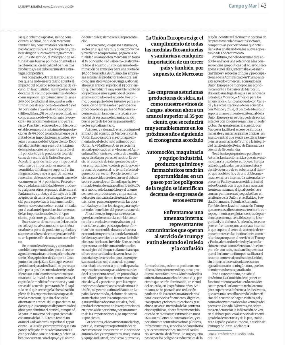 Hoy escribo en <a href="/lanuevaespana/">La Nueva España</a> en defensa del acuerdo comercial UE-Mercosur. Podrá leer información y opiniones pero no mentiras, que ya han ocupado demasiado espacio en el debate público en las últimas semanas: lne.es/opinion/2026/0…