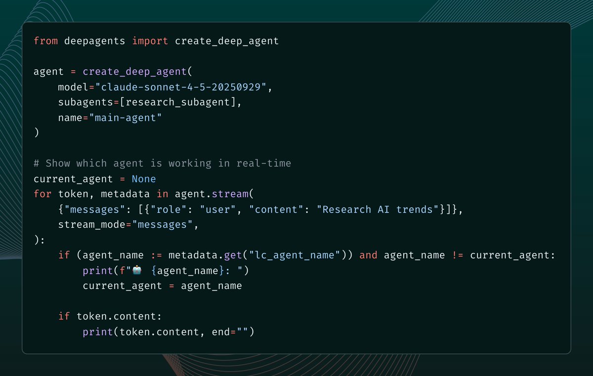 sydneyrunkle's tweet image. ⚡️Stream subagent updates in deepagents!

🤖 deepagents support using subagents to dive deep, which helps boost performance on complex tasks

⏰Only issue is, subagents can be slow, and you want to show the user progress updates!

📚 New docs: docs.langchain.com/oss/python/lan…