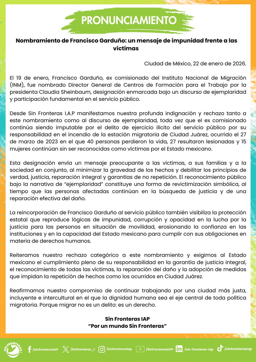 SinFronterasIAP's tweet image. Nombramiento de Francisco Garduño: un mensaje de impunidad frente a las víctimas
La designación de Garduño y su defensa pública evidencian cómo los cargos públicos se convierten en una barrera para el acceso efectivo a la justicia y el respeto a los DDHH.
#JusticiaYReparacion