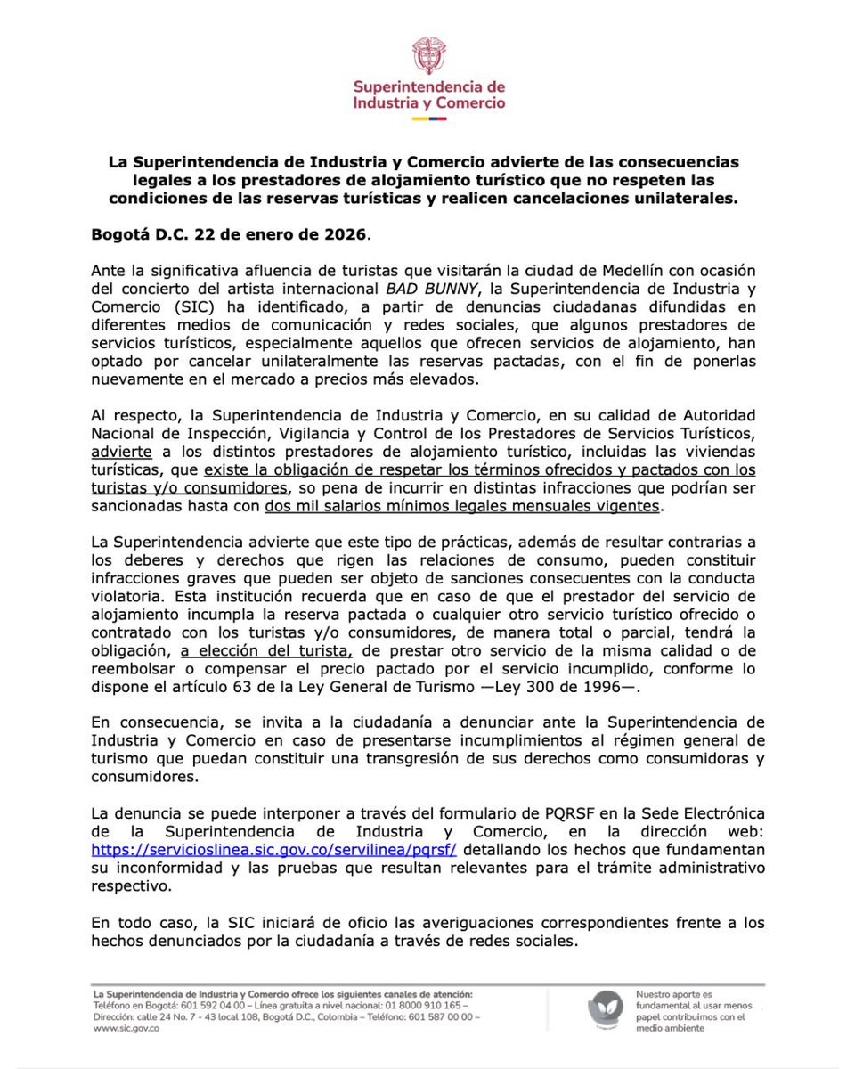 sicsuper's tweet image. #Atención 🚨 Ante la alta afluencia de turistas en Medellín por el concierto de Bad Bunny, la SIC advierte a los prestadores de alojamiento que cancelar reservas de forma unilateral puede vulnerar los derechos de los consumidores y ser sancionado por la autoridad.