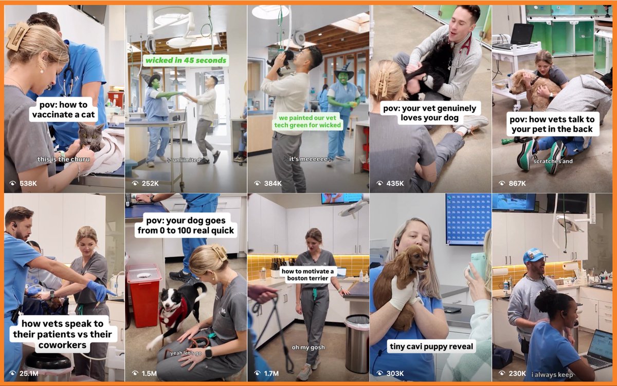 milkkarten's tweet photo. The vet care company Modern Animal got 50M views in just three months by utilizing a strategy called “spectator social”. They have a multi-camera setup in their office, filming hours of footage. Their approach feels more Bravo than medical office. I talked to them about it. https://t.co/BqRKOPs2CA