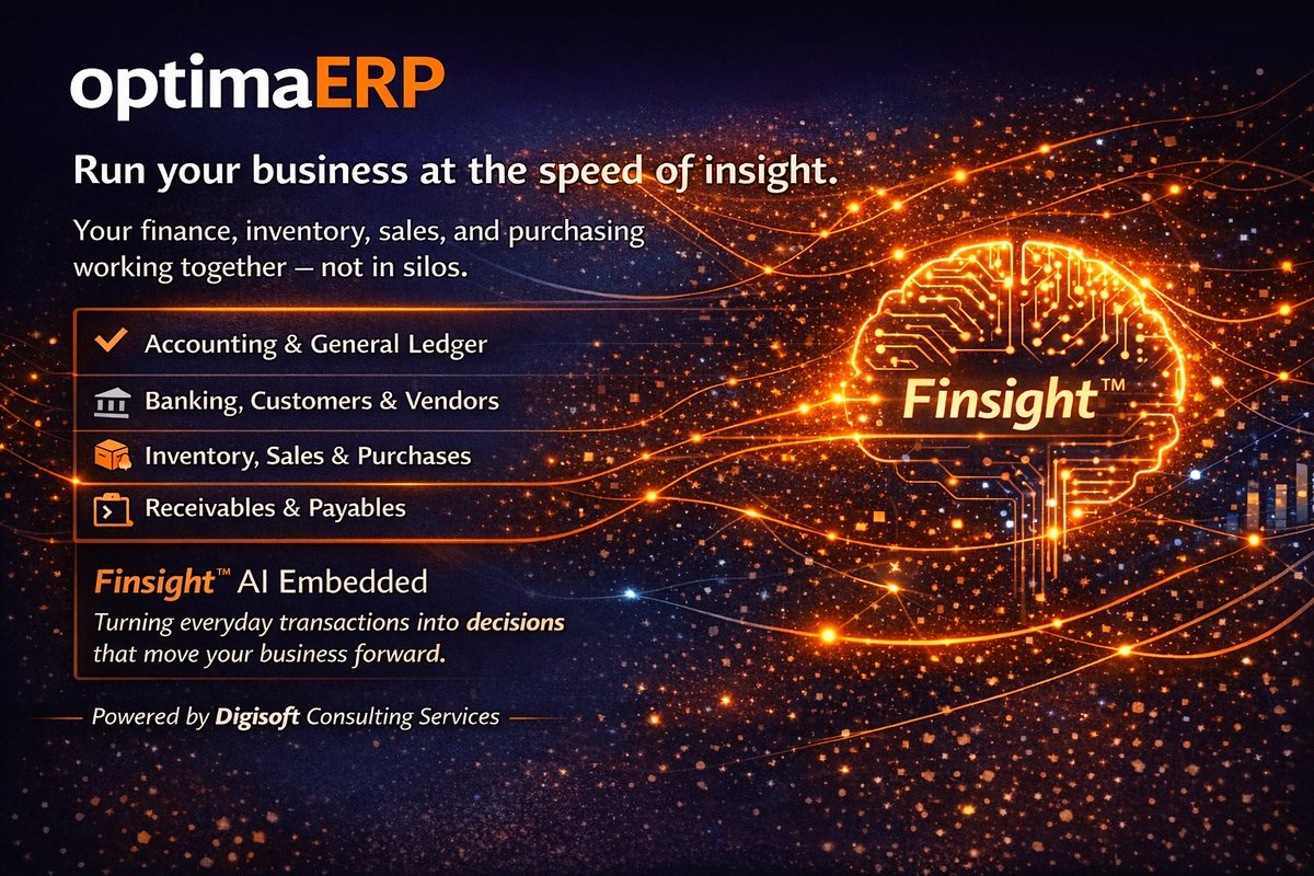 digisoftke's tweet image. Your ERP shouldn’t just store data — it should work for you.

With Finsight™ AI built in, your numbers don’t wait for month-end.

#ERP #BusinessGrowth #AIinBusiness #Fintech #Digisoft #optimaERP #Finsight #ThursdayThought #AI