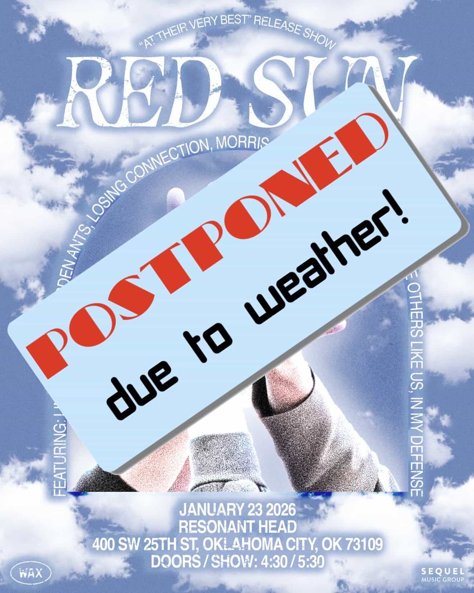 The one time it’s probably going to snow in Oklahoma this year…
Don’t worry, new date is 3/13 all the same bands (including us)

Original tickets will be honored though, hope to see more of our out of town friends come through :)