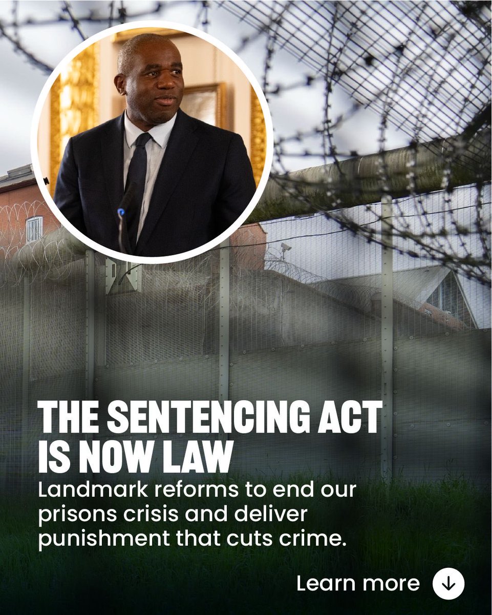MoJGovUK's tweet image. The Sentencing Act is now law. 

Prisons are under pressure. Without reform, the system risked running out of places for dangerous offenders.  

A complete breakdown of law and order. 

The Sentencing Act will ensure that never happens, while keeping communities safe.
