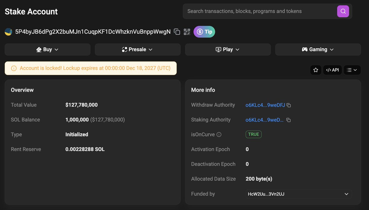 SolanaFloor's tweet image. 🚨JUST IN: A whale staked ~1M $SOL, worth over $127M, until December 2027.