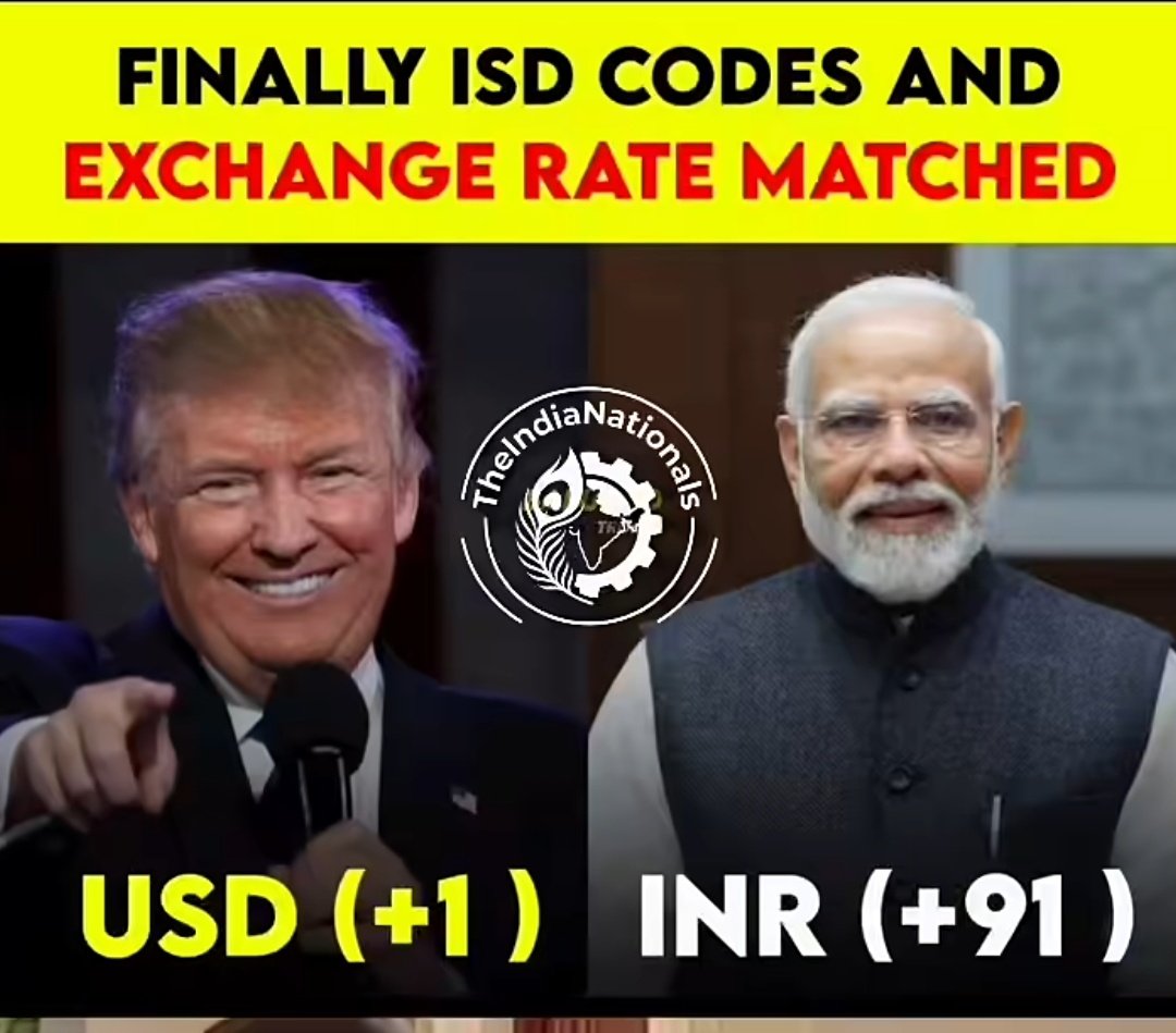 WaitWhatWorld's tweet image. 1 US dollar  = 91 Indian Rupees
+1 US ISD code = +91 Indian ISD code

Modi ji hai to mumkin hai 😁
#Rupee_falling #INR #tarrifs 
@RoflGandhi_ @zoo_bear
