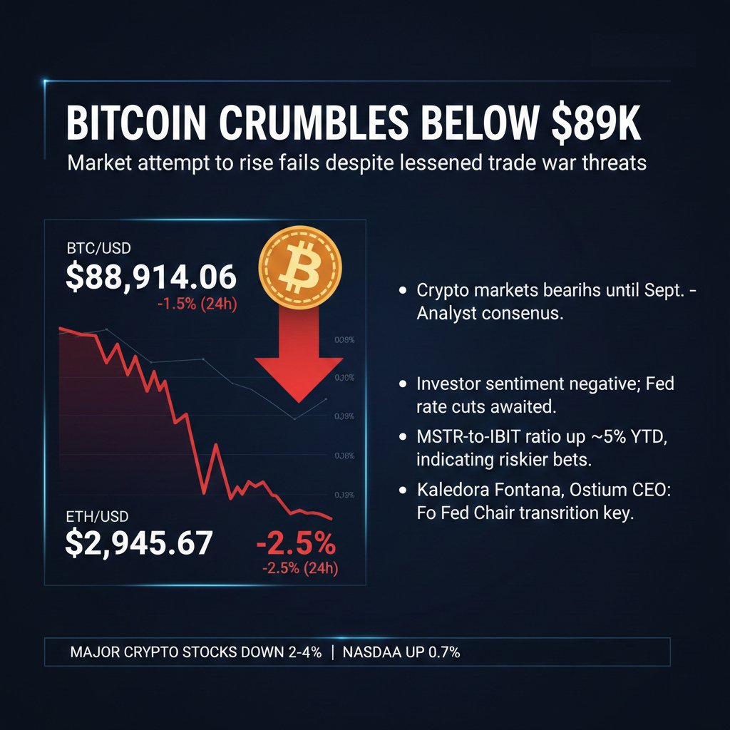 ➡️Bitcoin price dropped under $89,000 after the market attempt to increase  failed despite lessened trade war threats. The analyst explained that crypto  markets will remain bearish until approximately September because that has