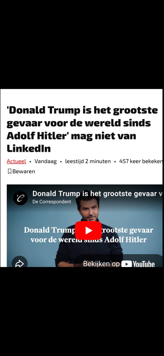 Wat is dit nou?? 
‘Trump is het grootste gevaar voor de wereld sinds Hitler’ mag niet van LinkedIn. 
De video waarin De Correspondent dit aangeeft, is verwijderd van het platform. 

Uiterst kwalijk en eng! En dit raakt deze ijzersterke en vrije onderzoeksjournalistiek! Goed dat