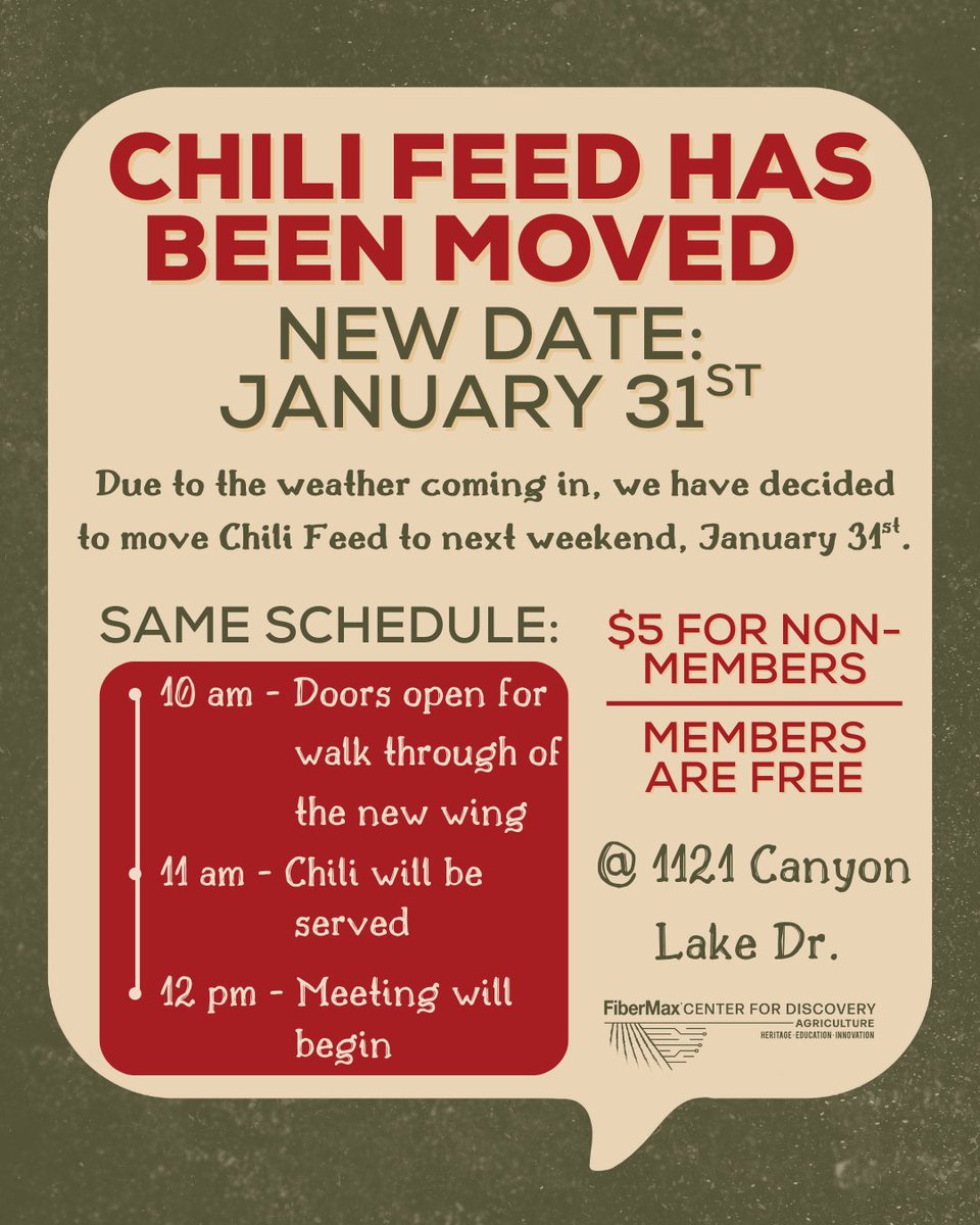 FiberMaxCenter's tweet image. CHILI FEED HAS BEEN RESCHEDULED!!! 

Due to incoming weather, we’re moving Chili Feed to next Saturday, Jan. 31. 

📍 1121 Canyon Lake Dr.
$5 non-members | members free

Please stay safe this weekend, and we hope to see you all next Saturday!
#ChiliFeed #FCFD #Update #Agriculture