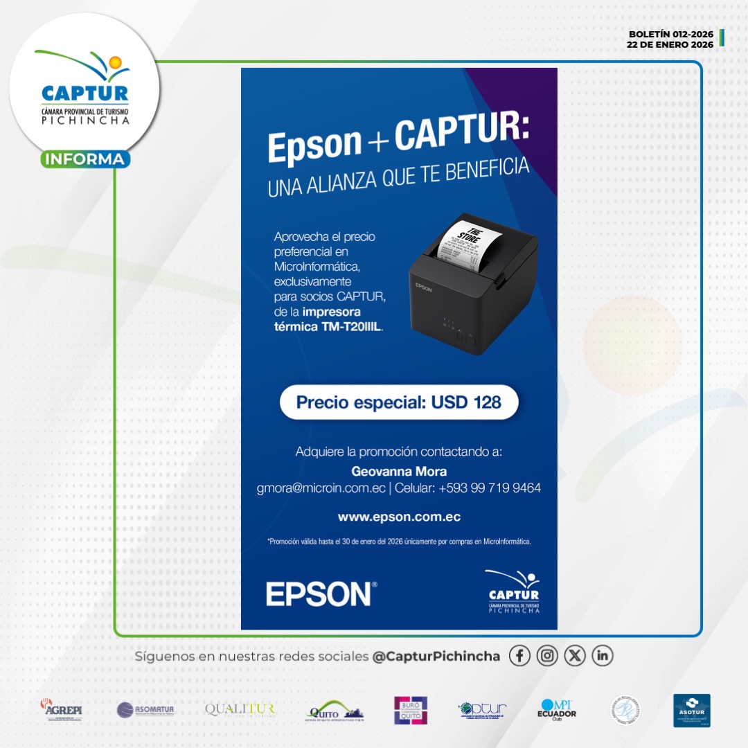 🤝 Epson + CAPTUR
Socios CAPTUR acceden a precio preferencial en la impresora térmica Epson TM-T20III.
💲 USD 128
⚡ Rápida, confiable y ideal para el sector turístico.
📩 Info: gmora@microin.com.ec
#BeneficioSocios #CAPTUR #Epson