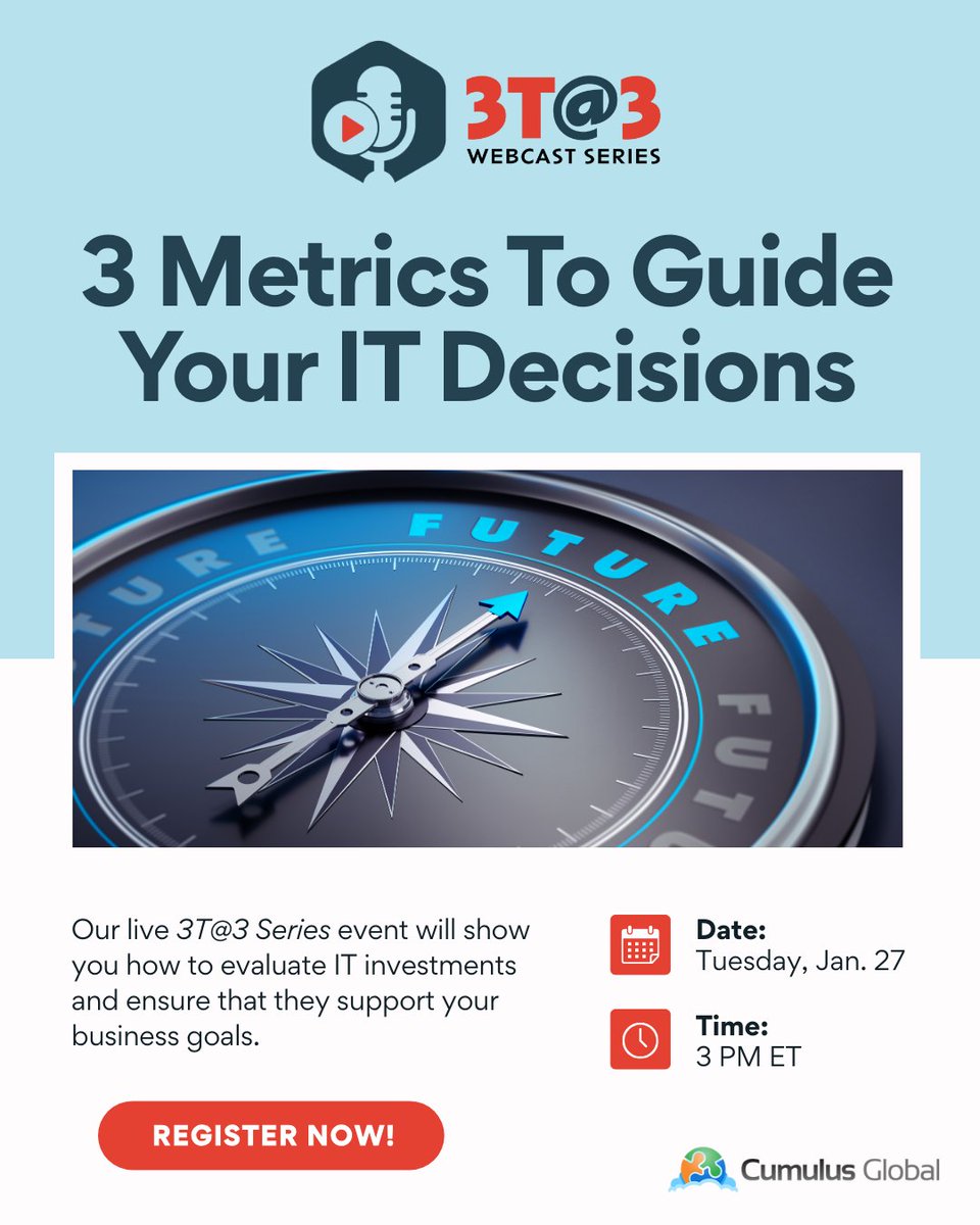 Smarter IT decisions start with the right metrics. 
Join our live 3T@3 Series event to learn how to evaluate IT investments using productivity, security, and affordability. 

Register now: jump.cumulusglobal.com/4bKHqr7 

#ITStrategy #BusinessTechnology #SMB #ManagedCloudServices