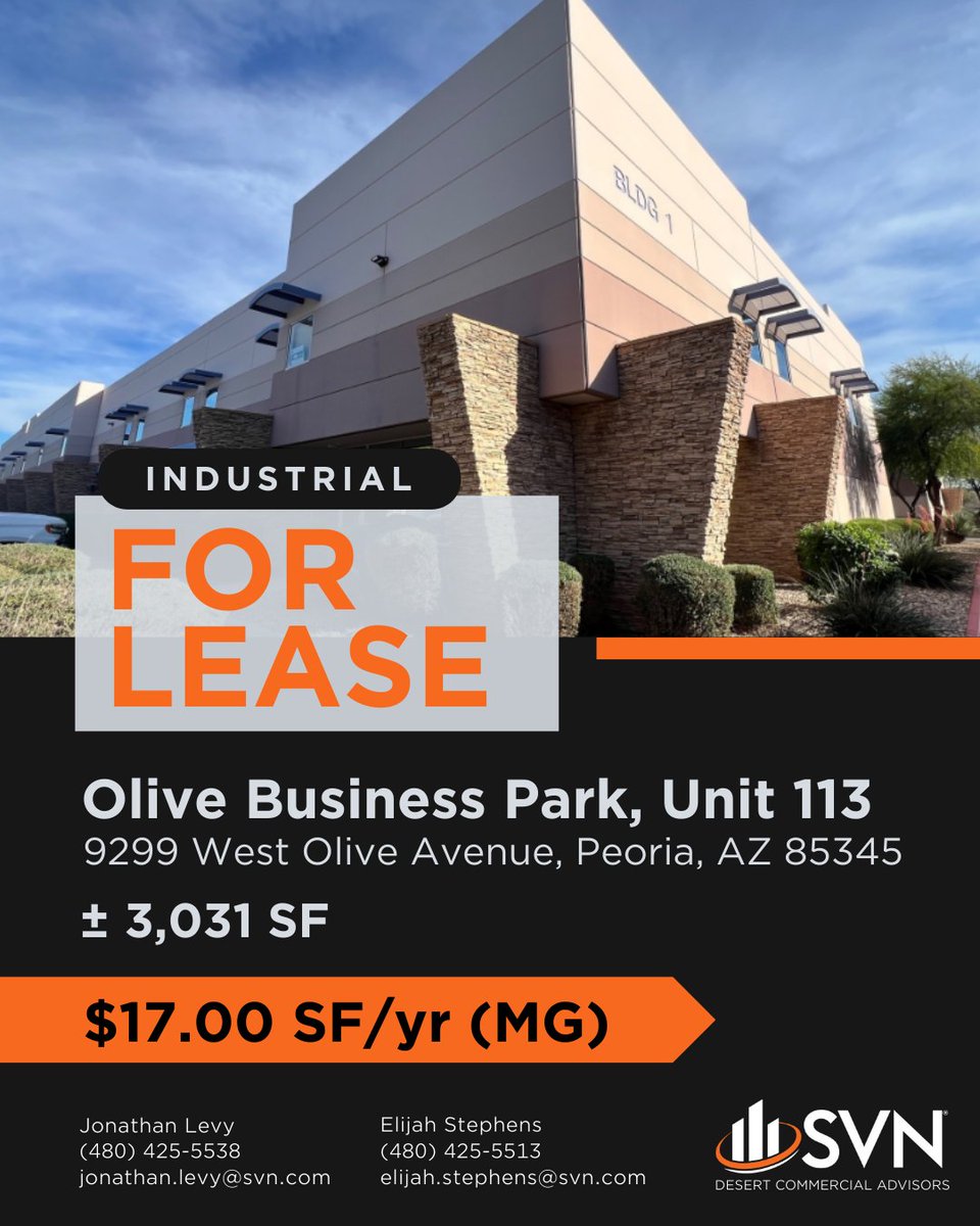 SVNDCA's tweet photo. Olive Business Park Unit 113
±3,301 SF Endcap Industrial/Flex
Majority warehouse space + mezzanine
$17.00 SF/YR (MG) | Built 2006 | BPI Zoning
Peoria, AZ | Near US-60 &amp; Loop 101

Contact Jonathan and Elijah
https://t.co/nGHdegN61l

#Industrial #CRE #PeoriaArizona #svndca https://t.co/ToFPc3Xr7w