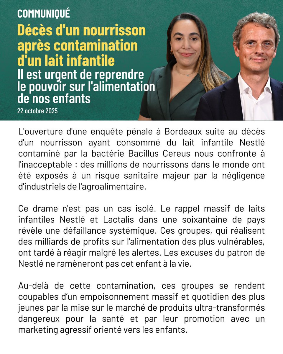 SabrinaSebaihi's tweet photo. Décès d’un nourrisson après contamination d’un lait infantile: il est urgent de reprendre le pouvoir sur l’alimentation de nos enfants ! https://t.co/SGJjTp18W9