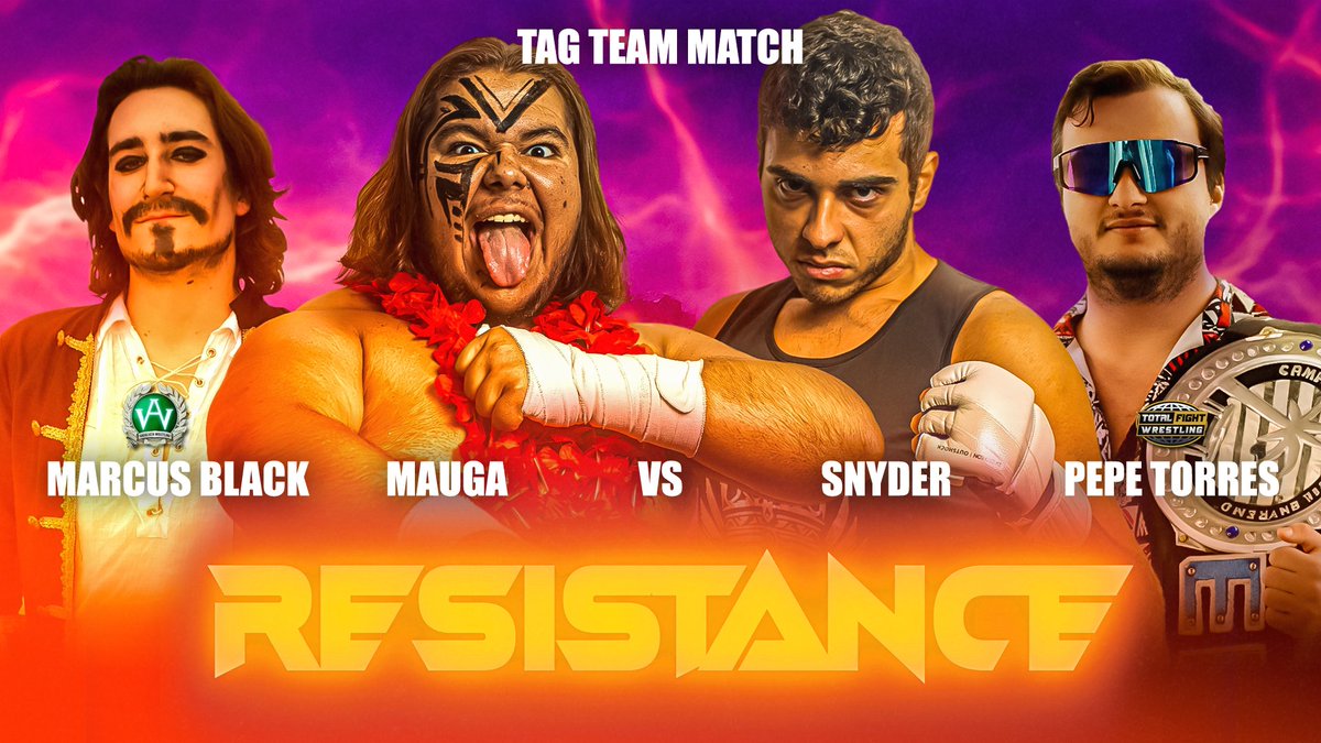 ⚡ RESISTANCE ⚡ 

Marcus Black 🏴‍☠️ &amp; Mauga 🏵️ vs. Snyder 👊🏻 &amp; Pepe Torres (c) 🕶️
Combate por parejas

📅 Viernes 30 

📍 Sala Box Chiclana 

🕕 Apertura: 17:30 Show: 18:00

🎟️ Entrada Gratuita