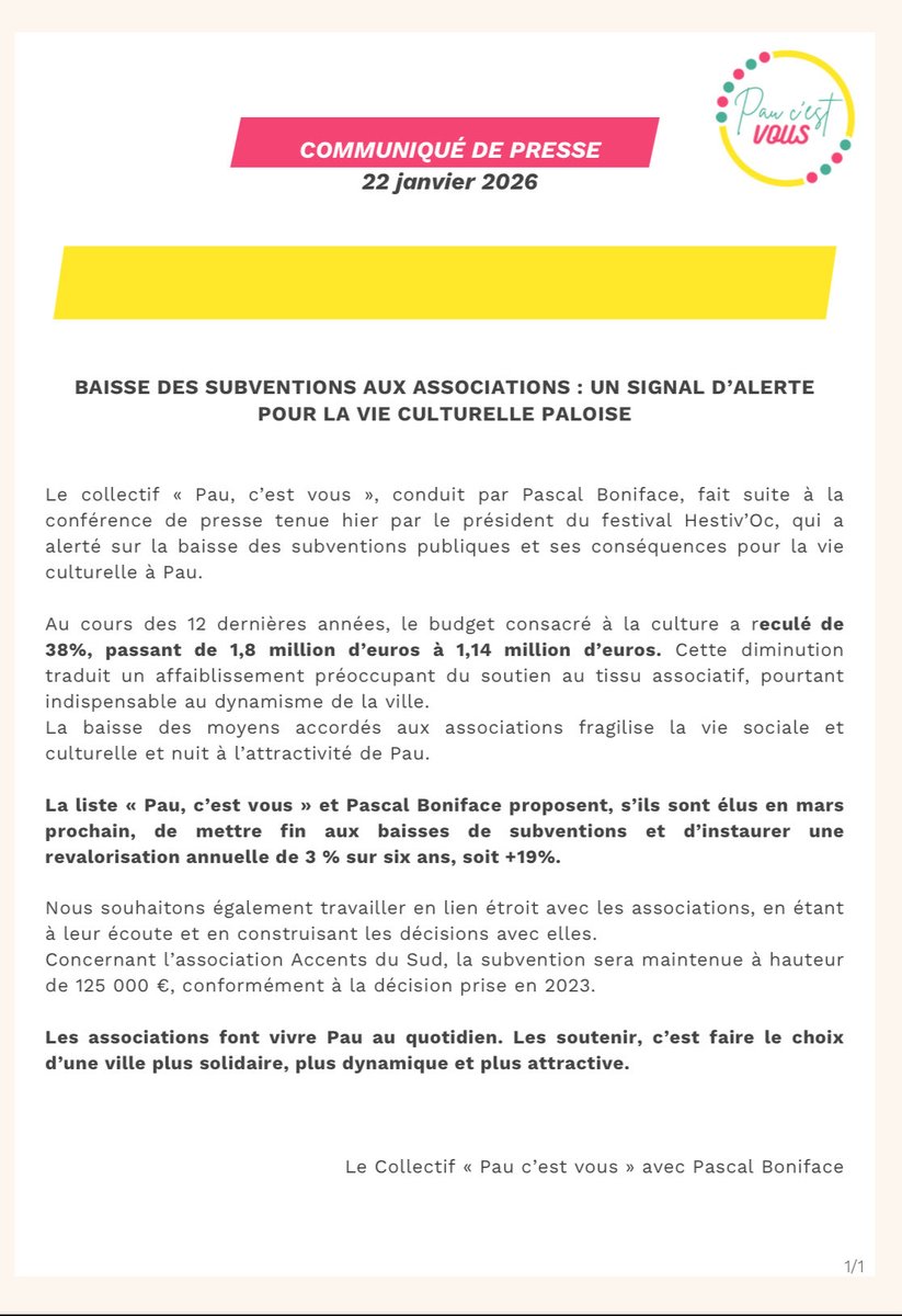 PascalBoniface6's tweet photo. Communiqué de presse de Pascal Boniface, à la suite de l’inquiétude exprimée par le président du festival Hestiv’Òc sur la @LaRepDpyrenees à @Ville_Pau .

#Municipale2026 #Pau #Bayrou https://t.co/Xck70LM351