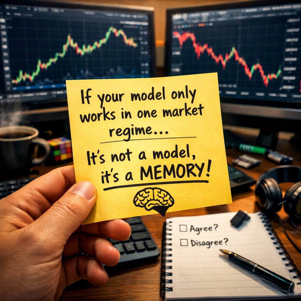 Pyxora_Labs's tweet image. Midweek reminder:  If your model only works in one market regime…  it’s not a model, it’s a memory 🧠 Agree or disagree? 🤑
#PyxoraLabs #AITrading #QuantWisdom