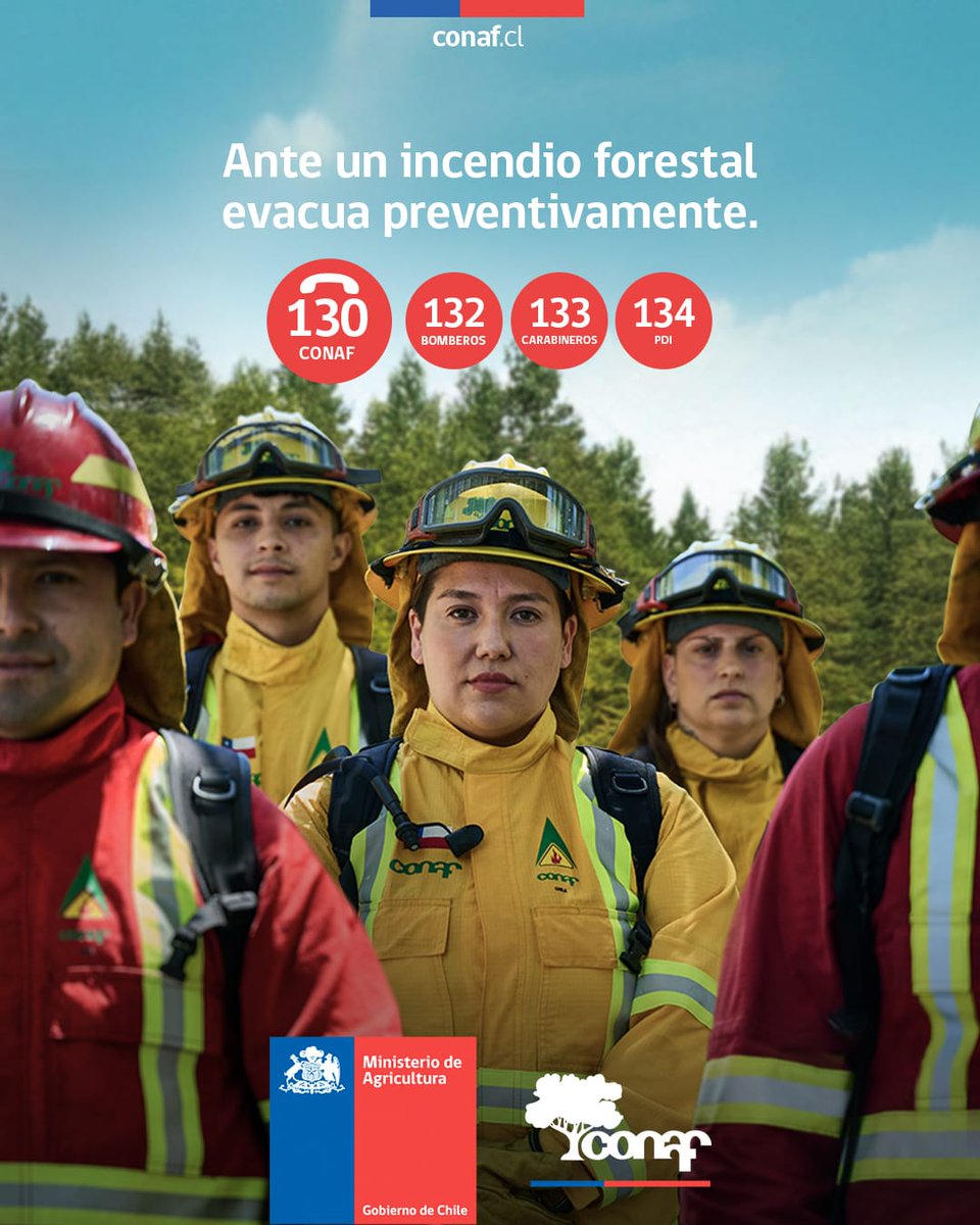 AgroClimaticoCL's tweet photo. 🔥Recuerde! Ante un incendio forestal evacuar preventivamente.

👉En caso de humo o fuego llame al 📞130 de @conaf

@MinagriCL @Senapred @incendios_CONAF https://t.co/02xn7IlQPo