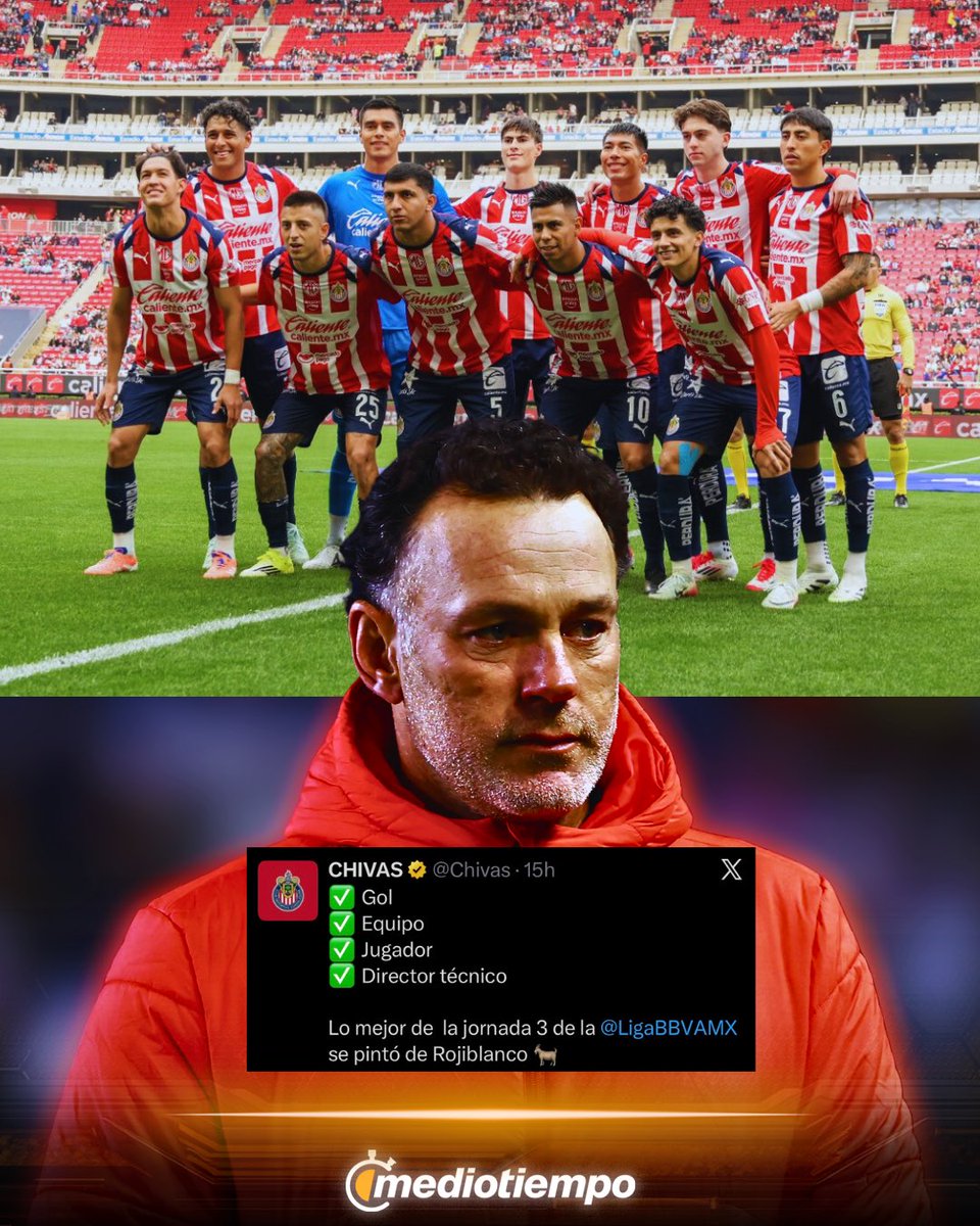mediotiempo's tweet photo. ¡¡NO ES SUFICIENTE CON EL LIDERATO!! 🤯🥵

Chivas arrasó con todos los reconocimientos de esta Jornada en Liga MX 🔥

✅ Mejor gol (Piojo Alvarado)
✅ Mejor equipo 
✅ Mejor jugador (Piojo Alvarado)
✅ Mejor DT (Gabriel Milito)
✅ Mejor atajada (Tala Rangel) https://t.co/MxLg9WeFz1