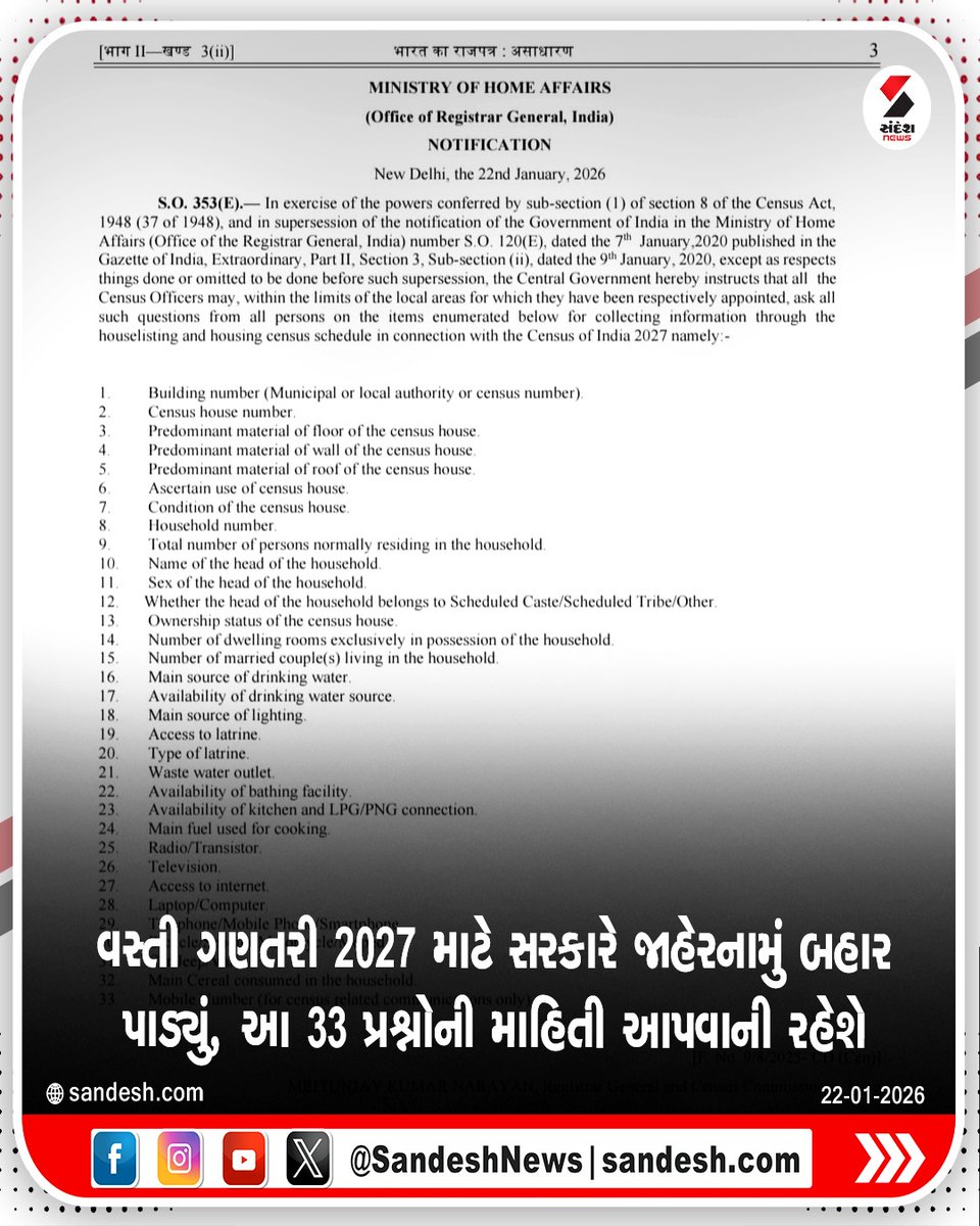 sandeshnews's tweet image. વસ્તી ગણતરી 2027નું જાહેરનામું બહાર પાડવામાં આવ્યું છે. ઘર ગણતરીના પ્રથમ તબક્કા માટે પ્રશ્નોની યાદી બહાર પાડવામાં આવી છે, જેમાં 33 પ્રશ્નો છે. બીજા તબક્કા, વસ્તી ગણતરી માટેની યાદી પછીથી બહાર પાડવામાં આવશે.
#Census2027 #PopulationCount #GovernmentNotification #GujaratCensus