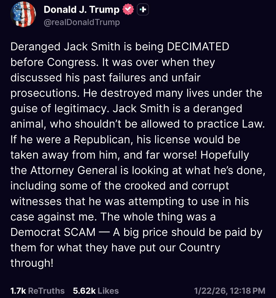 RonFilipkowski's tweet image. Trump is now calling on Pam Bondi to prosecute Jack Smith.