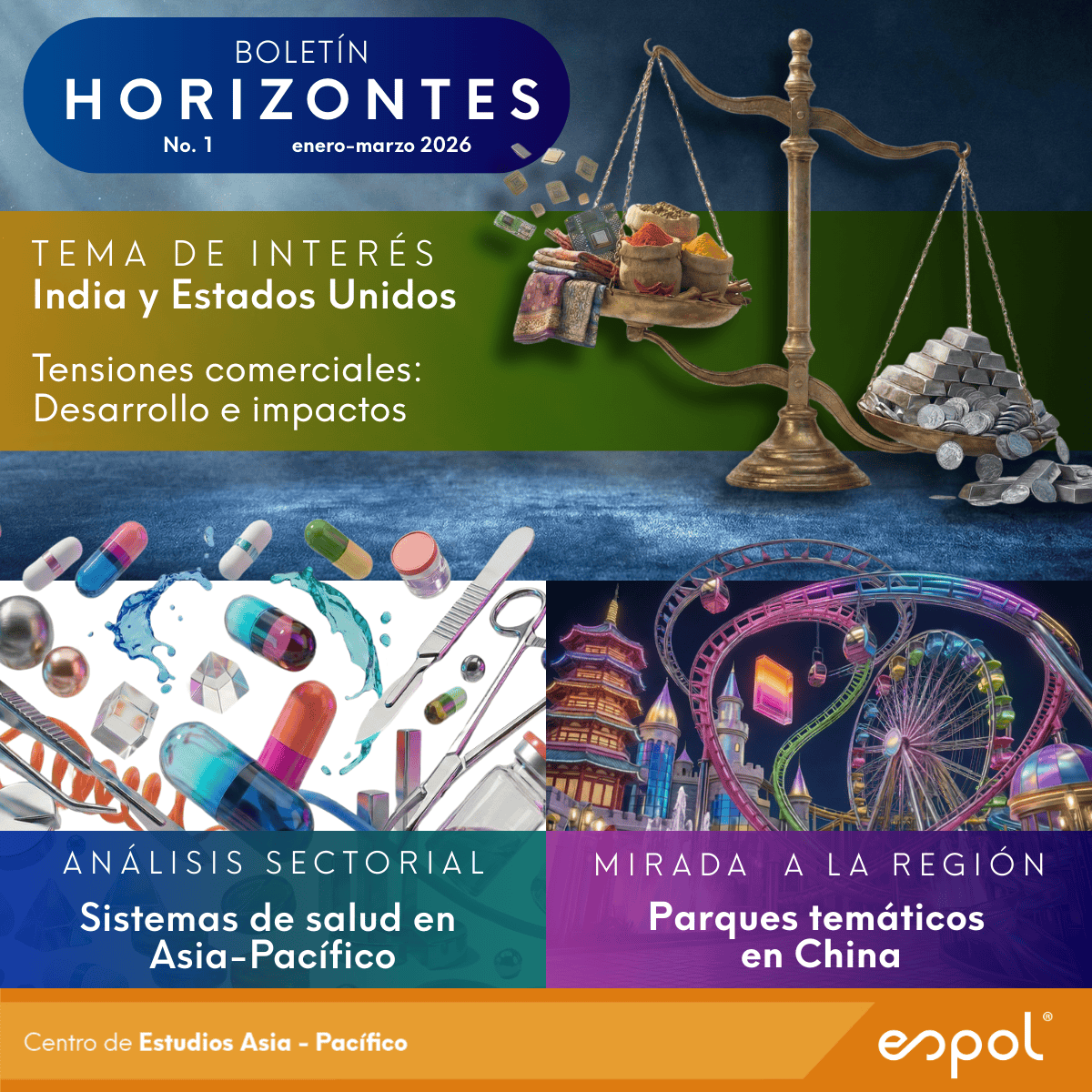ceap_espol's tweet photo. 📘 ¡Nuevo Boletín HORIZONTES (CEAP–ESPOL) | Año 19, N.°1 (enero–marzo 2026)!
🔎 Tema central: tensiones comerciales India–EE. UU. (causas e impactos) + salud en Asia-Pacífico, parques temáticos en China, estadísticas, ferias y convocatorias.
👉 Léelo aquí https://t.co/0KtxDzBcjV https://t.co/WhfVzaRUMT