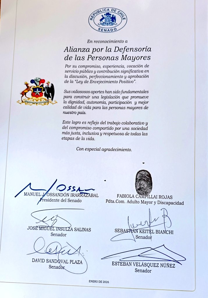 Agradecemos el reconocimiento. Aportamos en la gestación de la ley y velaremos en forma constante y en colaboración, por su íntegra aplicación. <a href="/Senado_Chile/">Senado Chile</a> <a href="/DignidadFabiola/">Senadora Fabiola Campillai</a> <a href="/GobiernodeChile/">Gobierno de Chile</a>