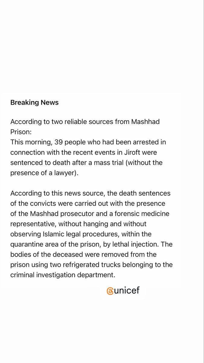 soode13815531's tweet photo. BREAKING: Reports say 39 detainees in Mashhad Prison were executed after a mass trial without lawyers.
Urgent international attention needed.

@UNHumanRights @amnesty @hrw @Reuters
#Iran #StopExecutions #HumanRights https://t.co/y6tVzt5DKX