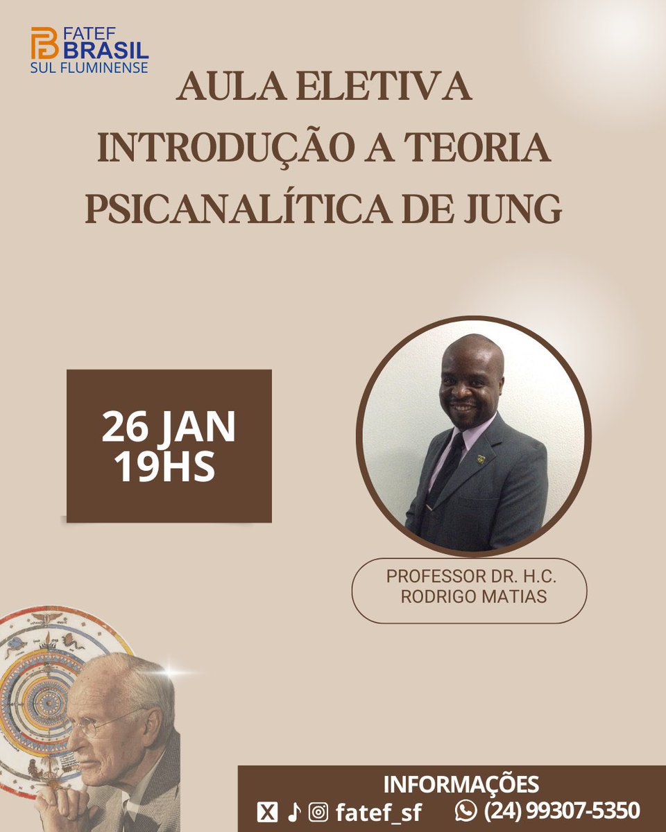 FATEF_SF's tweet image. 🗣 AULA ELETIVA, gratuita para estudantes da FATEF. Introdução a teoria psicanalítica de Jung. 

🎫 Evento gratuito, para os discentes dos polos FATEF SUL FLUMINENSE e outros interessados. É necessário inscrição em ambos os casos, acesse: wa.me/5524993075350

#VemPraFATEF