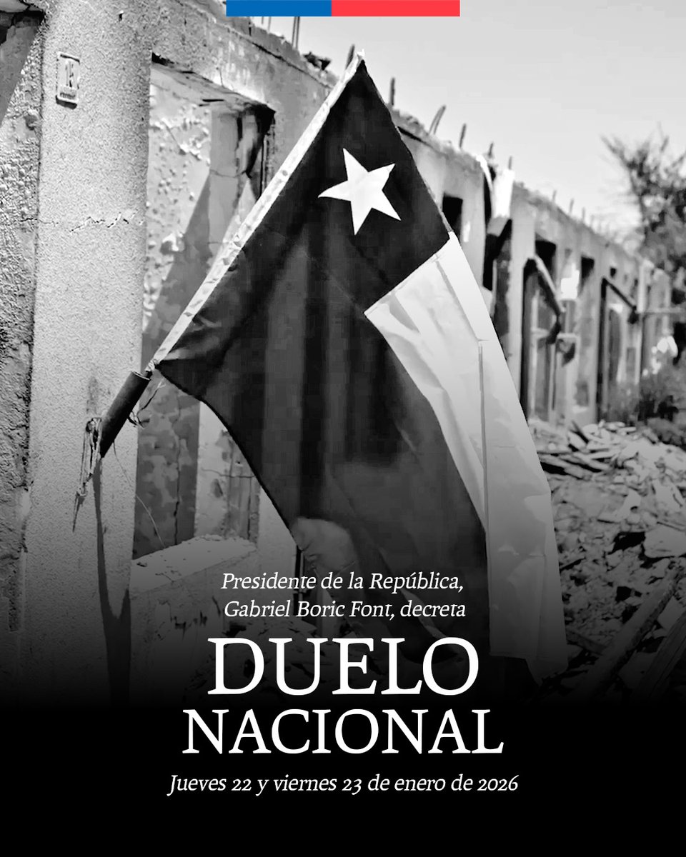 El Presidente de la República, Gabriel Boric Font, decretó duelo nacional para este jueves 22 y viernes 23 de enero, en memoria de las 21 víctimas de los incendios forestales en las regiones de Ñuble y Biobío, catástrofe que ha causado un profundo dolor en Chile.