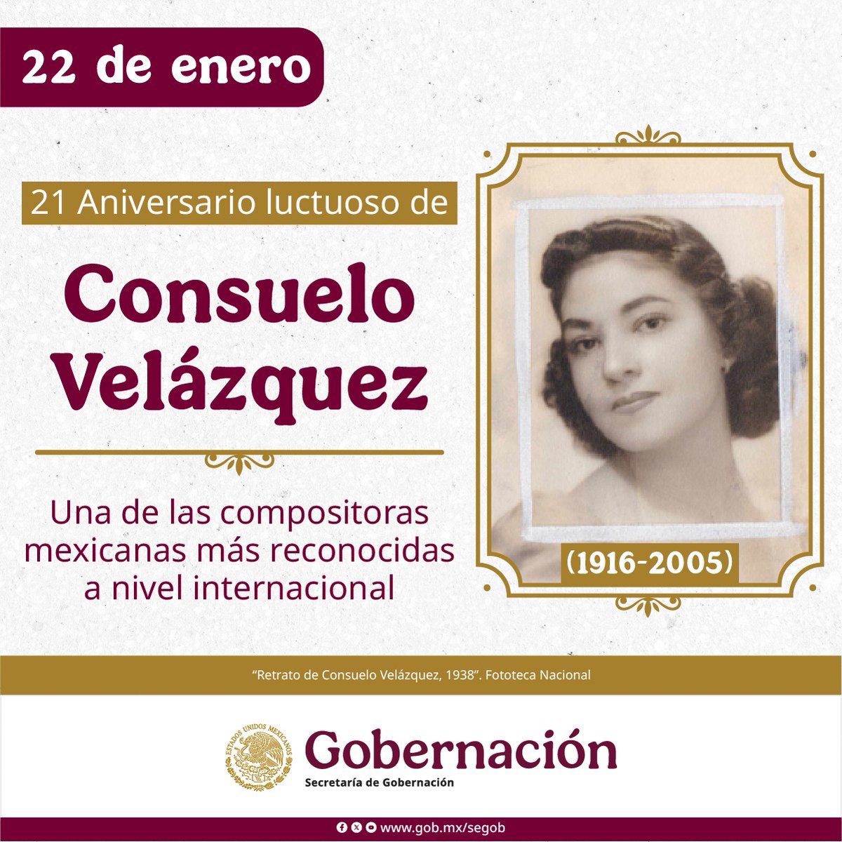 Hoy recordamos a Consuelo Velázquez, compositora, pianista e intérprete mexicana, creadora de una de las melodías más universales del siglo XX: Bésame mucho, la canción en español más grabada de la historia, interpretada en más de 20 idiomas 🎶🇲🇽 🌍🎼