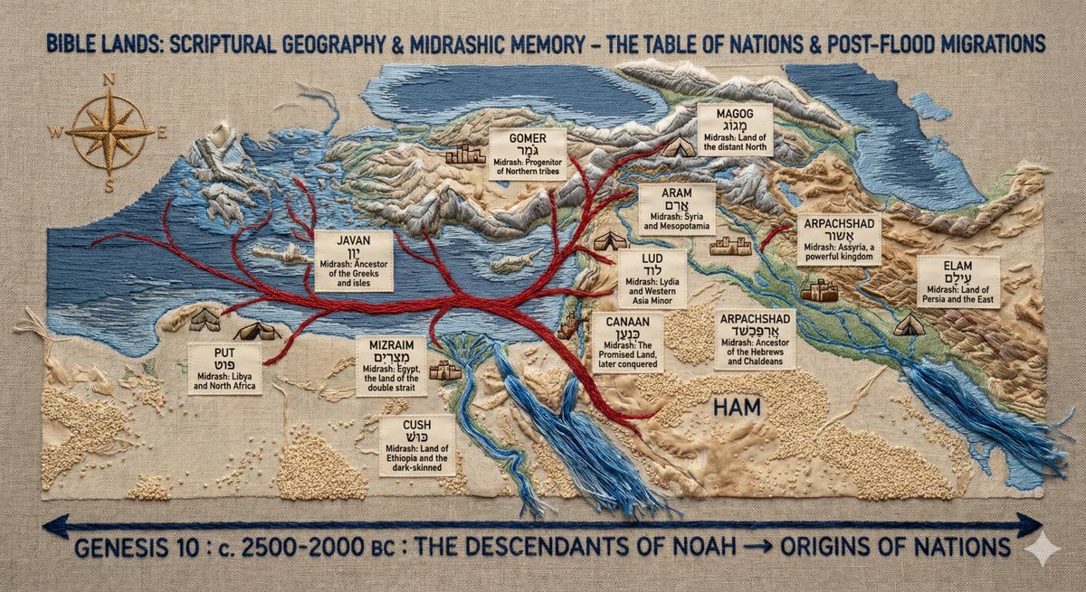 CDemitry31817's tweet photo. Bible Map|Genesis 10
From one family to many nations—Genesis 10 maps the post-Flood world as names turning into lands, coastlands, and kingdoms.
#BibleMap #Genesis10 #TableOfNations #Noah #Midrash #BiblicalGeography https://t.co/H89UAEu05O