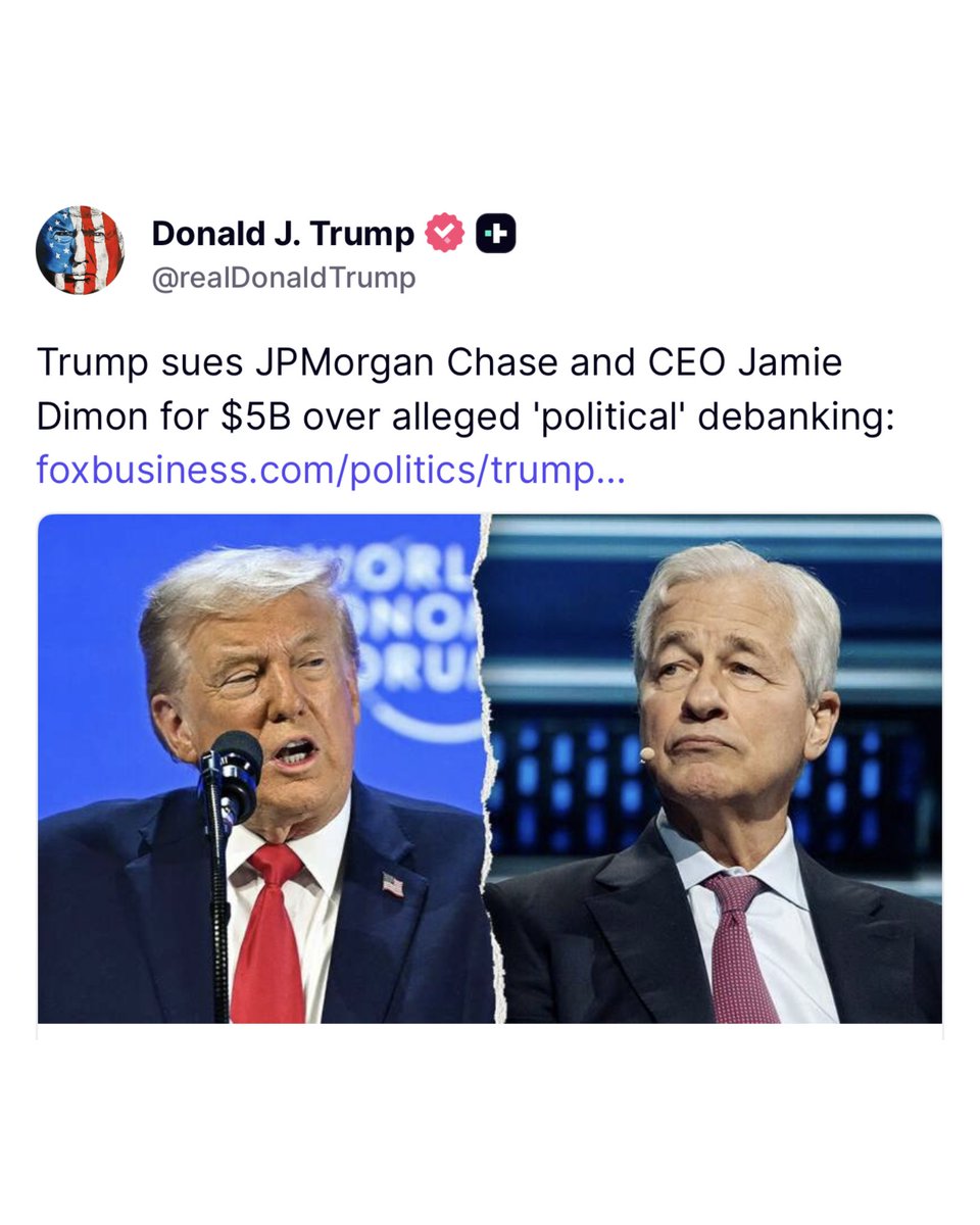 EricLDaugh's tweet image. 🚨 JUST IN: President Trump SUES JPMorgan Chase and CEO Jamie Dimon for $5 BILLION because they de-banked him

BOOM! Major FAFO underway! 🔥

The era of de-banking MAGA is OFFICIALLY OVER.