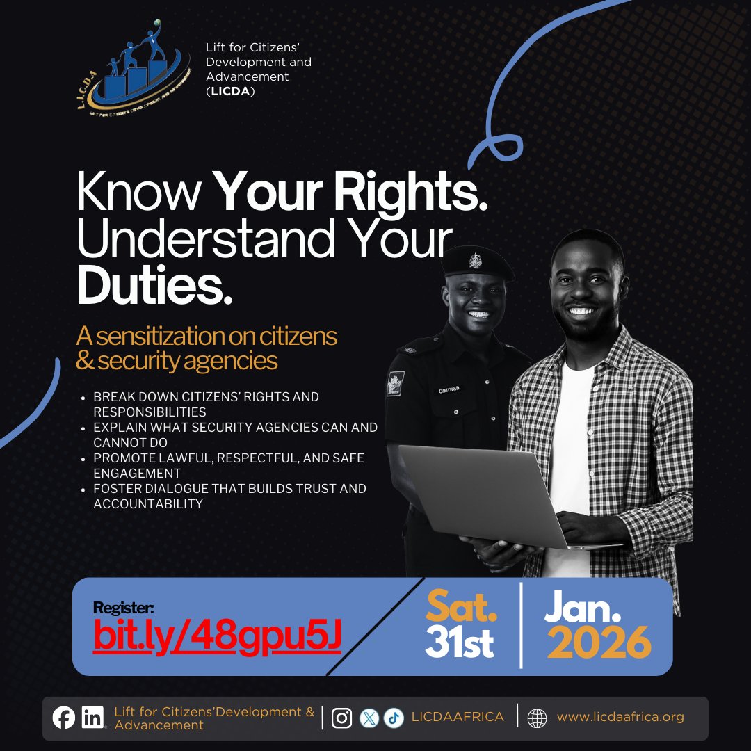 LICDAAFRICA's tweet photo. Did you know the police are expected to follow set procedures when engaging citizens?
And that knowing certain things can help you avoid unnecessary hassle with security agencies?

We’ll break it all down in this session. See flyer for necessary details. https://t.co/GDGyUaPRKt